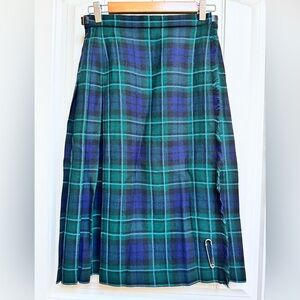Vintage 100% New Wool Blue and Green Tartan Knee Length Kilt. Size UK 12…